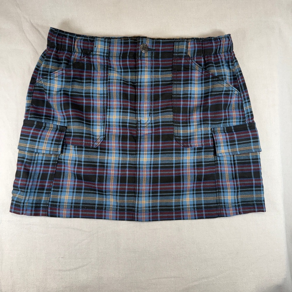 Y2K Plaid Cargo Skirt Juniors 17 Blue Tartan Mini Utility Pockets Grunge Punk